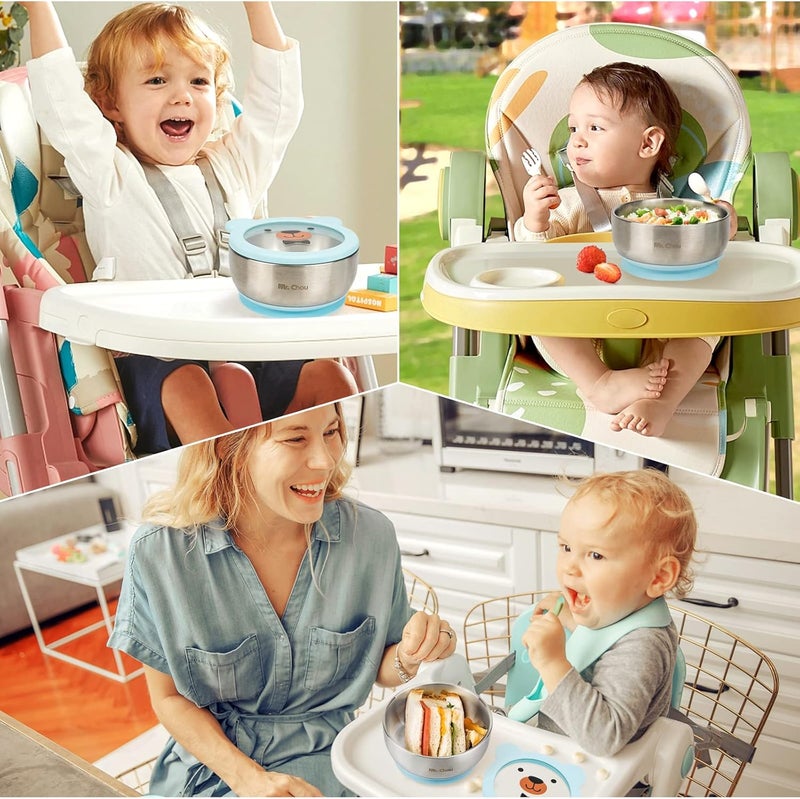 MR. CHOU Baby Bowls with Non-Slip Silicone Suction Cup, Insulated Double-Layer 18/8 Stainless Steel Toddler Bowls with BPA Free Airtight Lids, Food-Grade Silicone Safe for Kids (Blue) - Image 5
